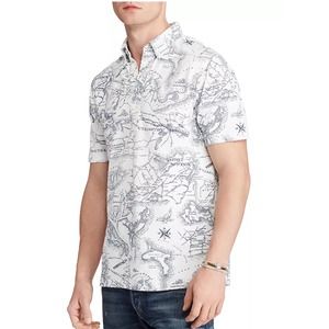 Ralph‎ Lauren Shirt Mens XL Tall Big White Blue Polo Knit Hampton Map Atlas RARE